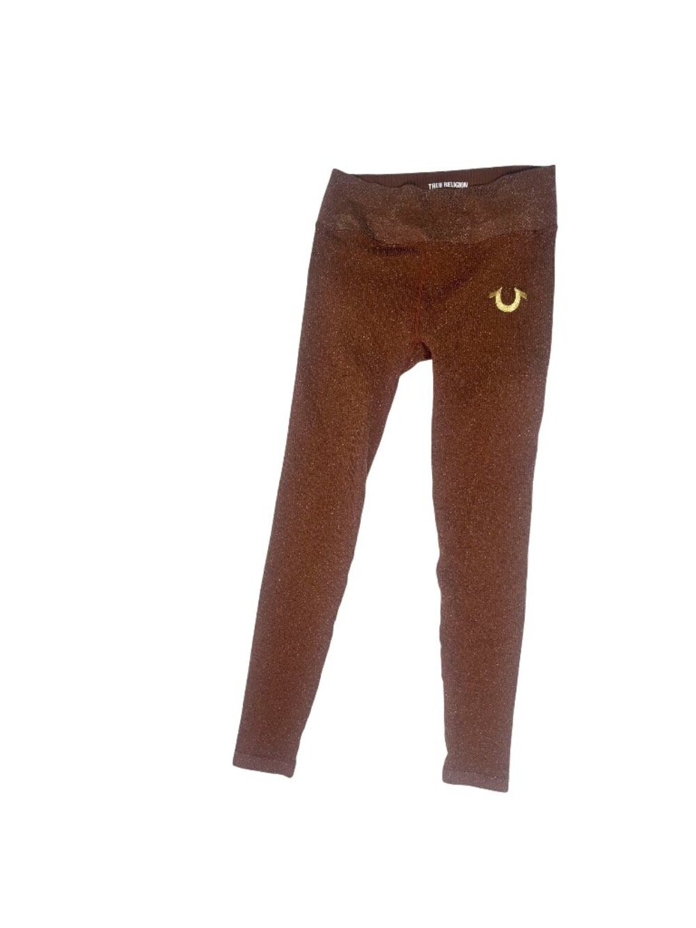 True Religion Brown Ribbed High Waisted Seamless Leggings Metallic Gold M/L EUC